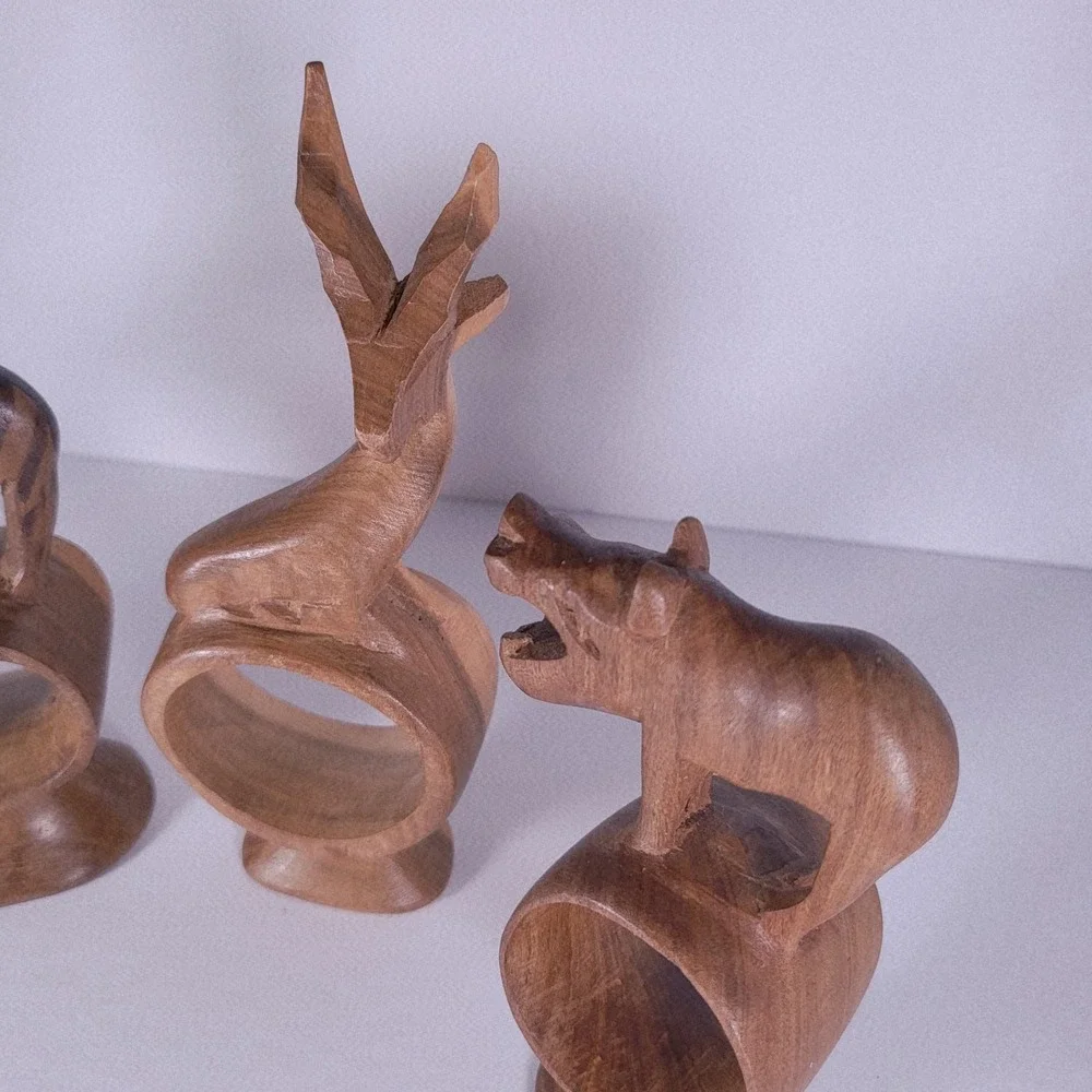 Vintage Hand Carved Wooden Safari Animal Napkin Rings Set of 4 African Wildlife